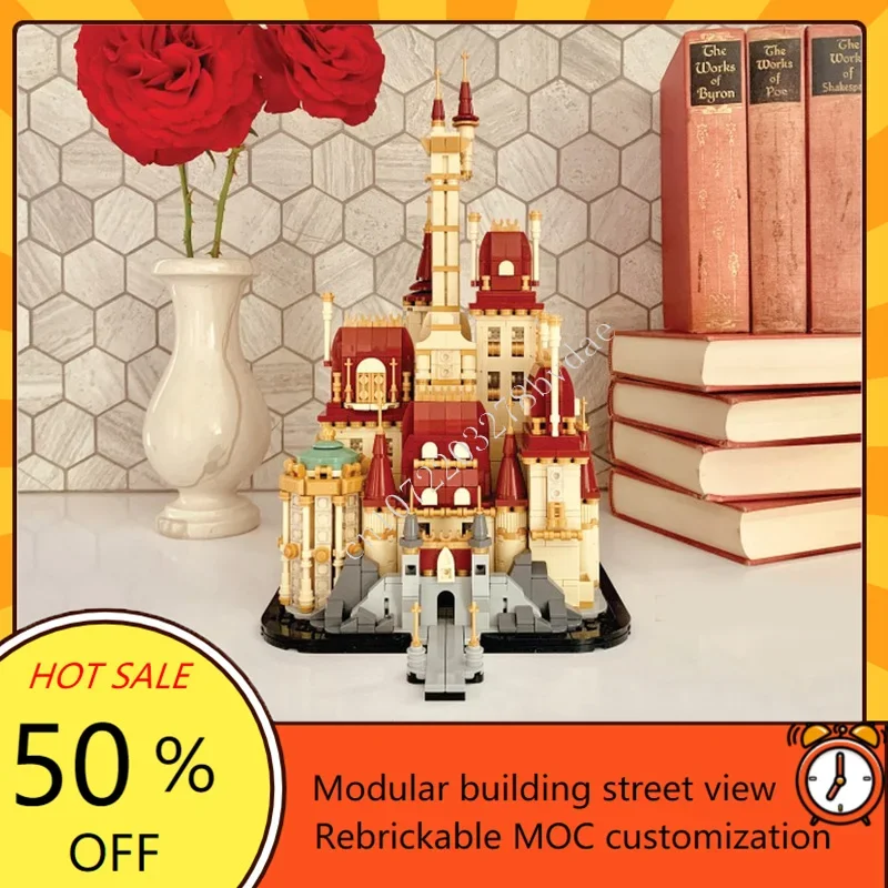 

2208 шт., модульный замок «Красавица и чудовище», MOC, креативная модель с видом на улицу, пазлы на заказ, архитектура, сборная модель «сделай сам», подарки