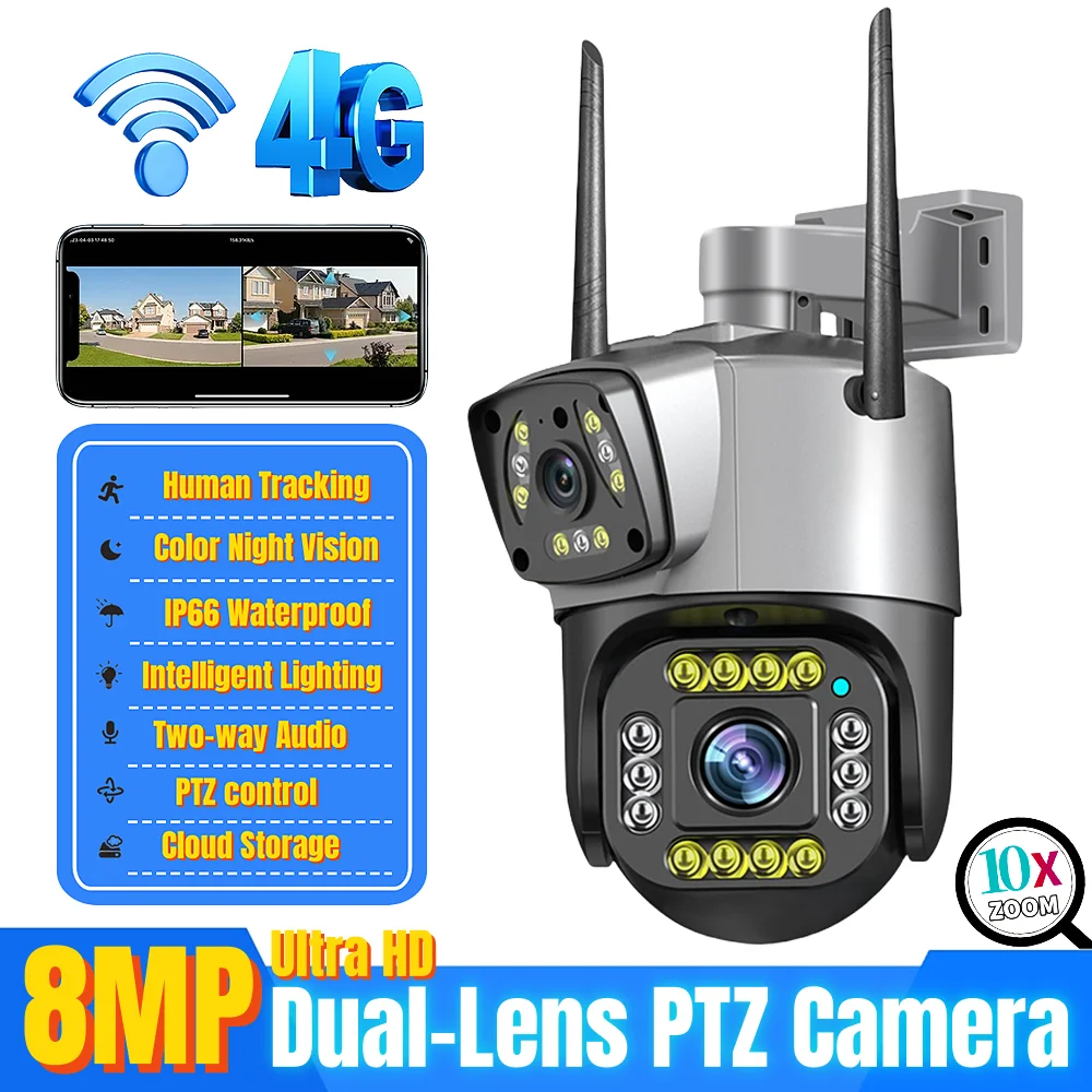 Dual Lens 4G Camera 8MP 4K Wireless Outdoor Color Night Vision PTZ CCTV Smart Security Home Surveillance V380 WiFi IP Cameras