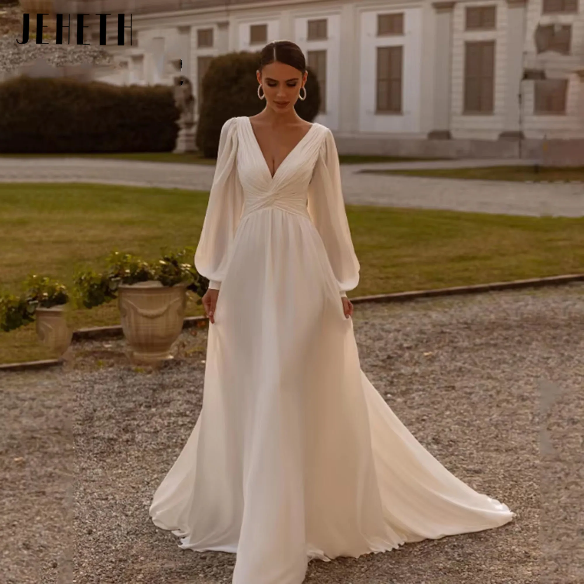 

JEHETH Simple Chiffon A-Line Wedding Dresses V-Neck Long Puff Sleeves Backless Bridal Grown Formal Prom Party Wear Customized