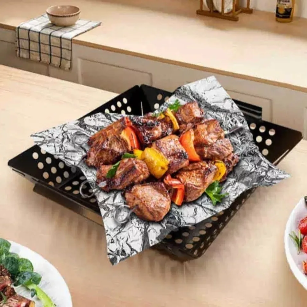 

Heat Resistant Barbecue Grill Pan Non-Stick Coated with Drain Holes Grill Basket Square Cast Iron Roasting Fish Plate