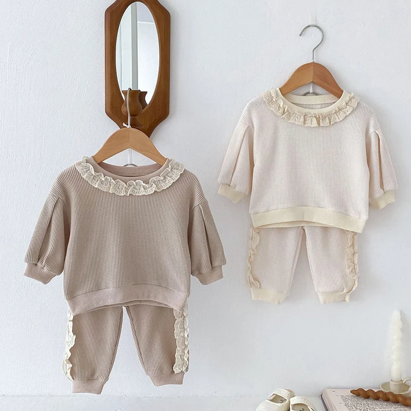 2024 New Autumn Newborn Baby Girls Clothing Set Long Sleeved Waffle Cotton Lace Splicing Pullover+Pants Children Clothes Suit