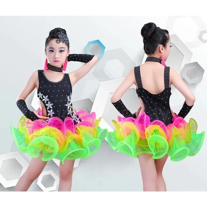 Children Girls Jazz Latin Dance Wear Costumes Sequined Ballroom Dancing Dress Kids Salsa Stage Outfits School Performance New