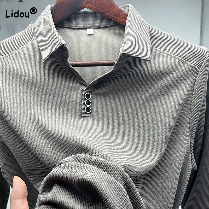 

2023 Business Office Fashion Polo-Neck Men's Shirt Autumn Winter Casual All-match Solid Color Long Sleeve T-shirt Male Clothes