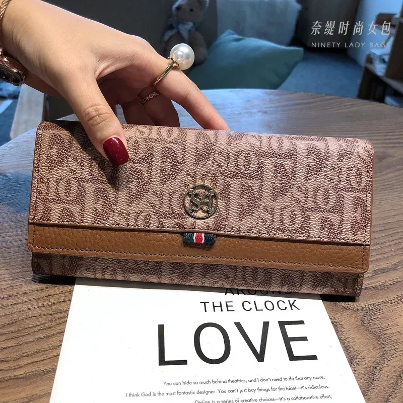 Women PVC + Genuine Cow Leather Long Wallet Large Capacity Card Holder Cellphone Clutch with Letters Money Clip Purse 6Z