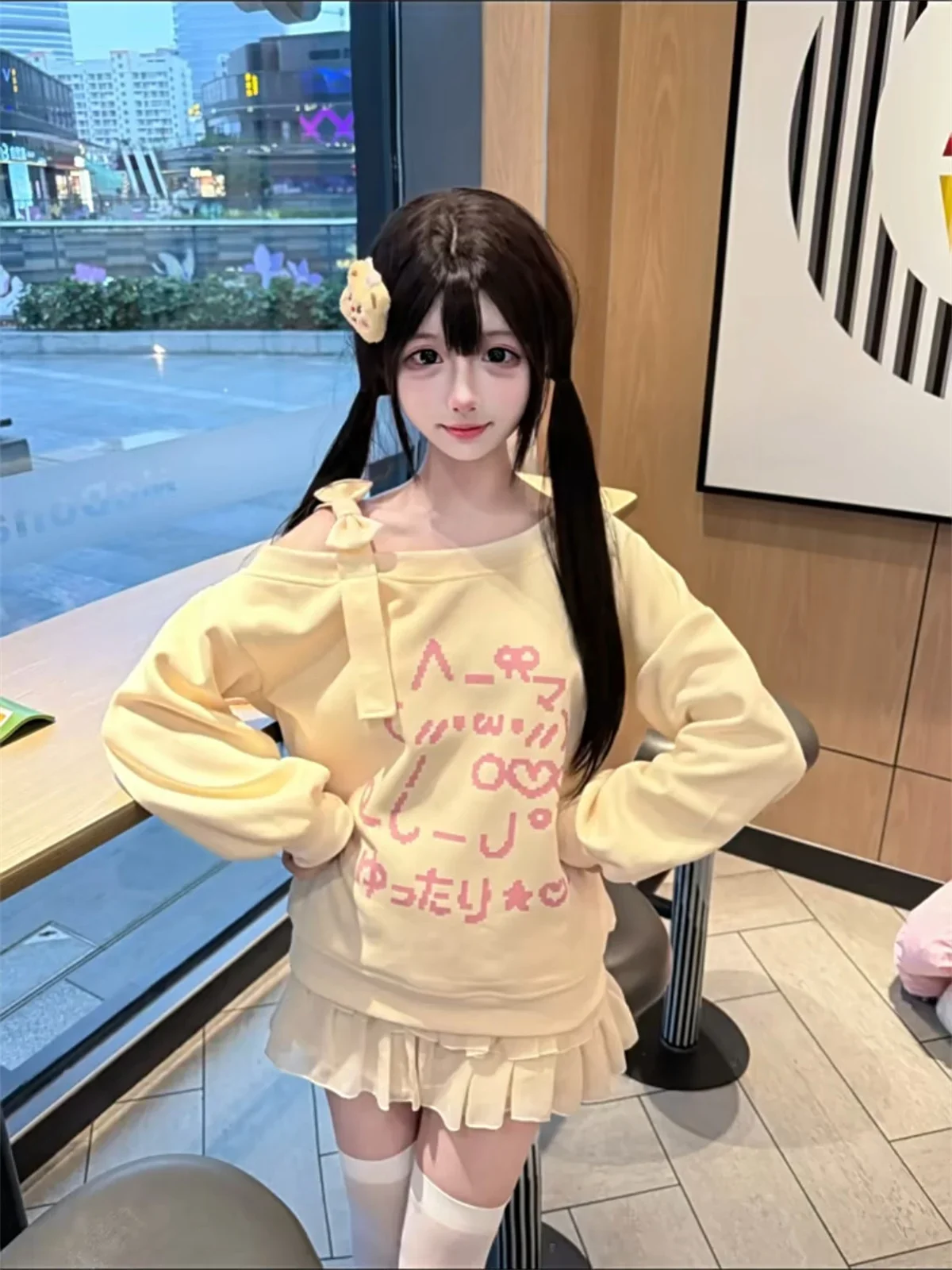 Japanische T-Shirts 2025 Damenbekleidung Schleife Cartoon Langarm Camisetas Schulterfreie Lose T-Shirts Lässige Mode T-Shirts Y2k Tops – Detail 2