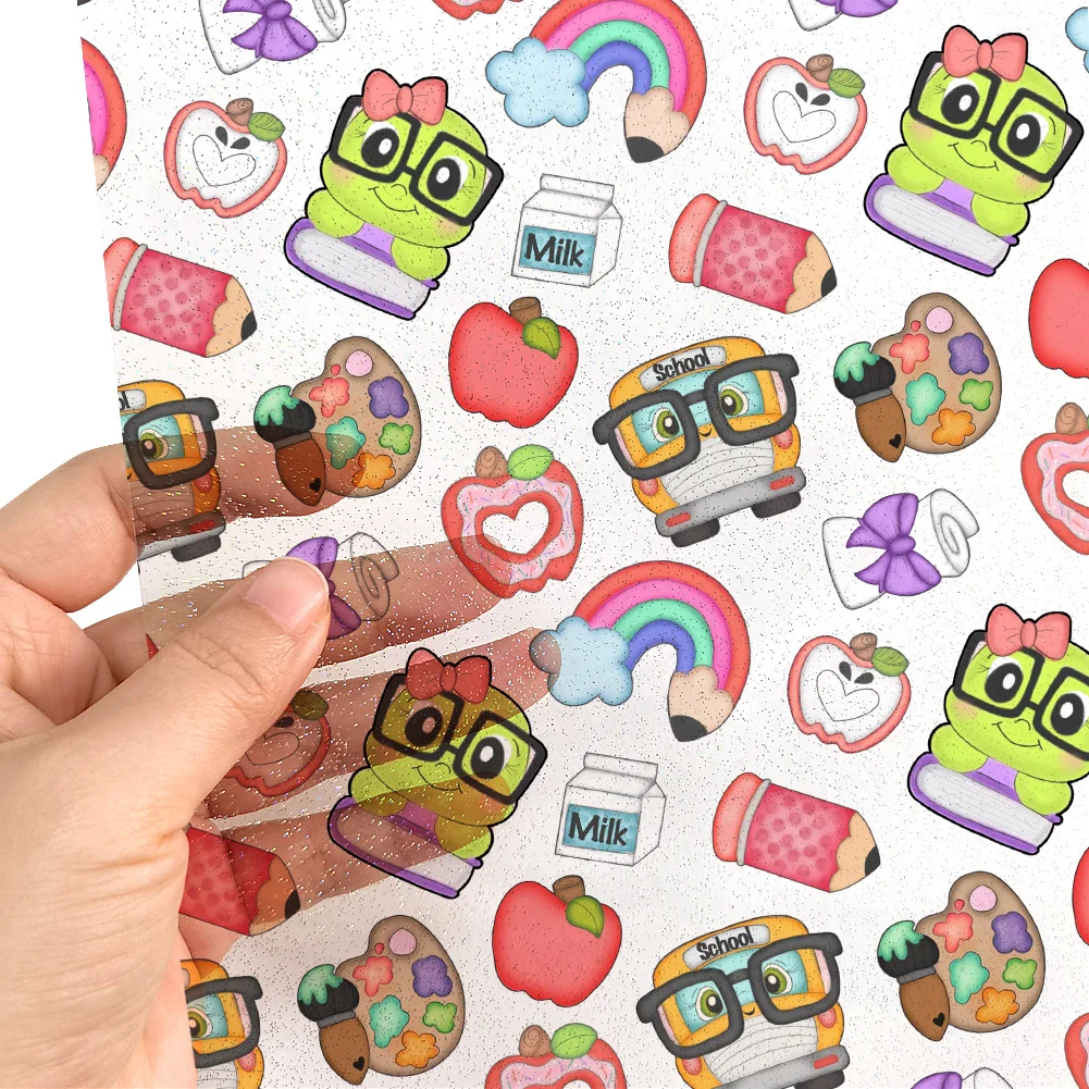 Back to School Pencil Apple 30x22cm Glitter Transparent PVC Faux Leather Vinyl Sheet for Sparkle Bow Making Bag Accessories DIY