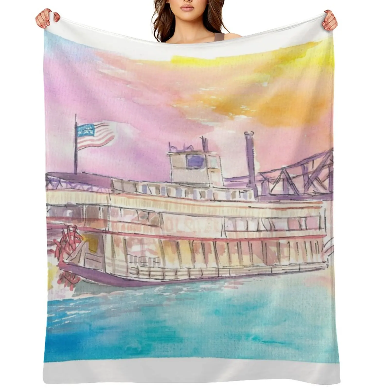 Mississippi Steamboat Cruising on Ol Man River into Sunset Throw Blanket Sleeping Bag Sofa Throw Beautifuls Blankets