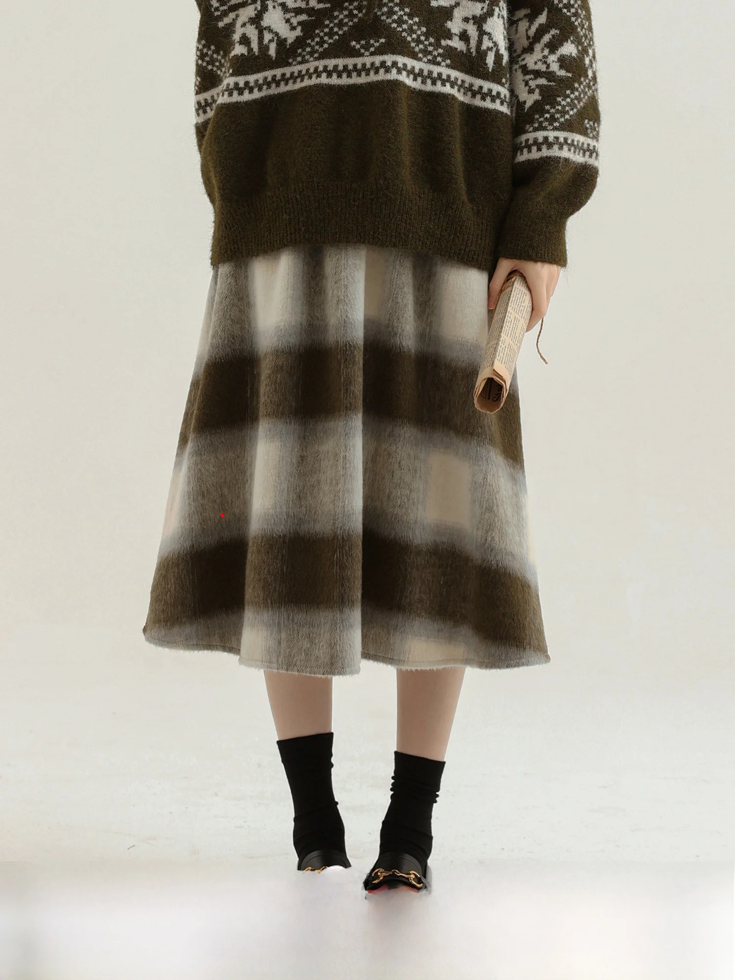 

Юбка женская А-силуэта с высокой талией из шерстяной смеси в клетку, стройнящая, для офиса, в британском стиле, с тартановым пэчворком и узлом