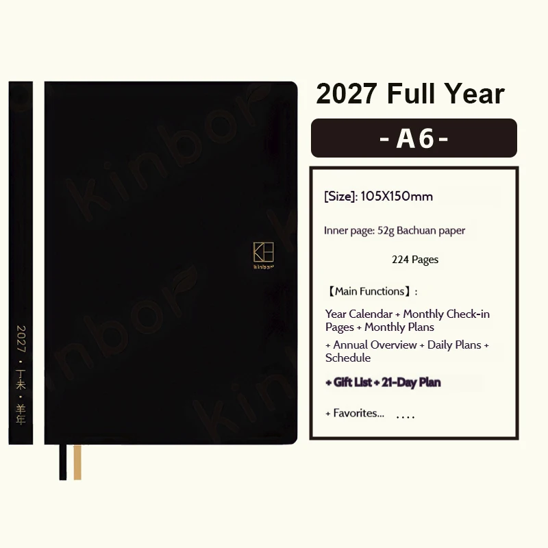 Kinbor 2027 Agend Notizbuch Ganzjahresplaner 52g BaChuan Papier A5 A6 Tagesplaner Journal Wöchentlicher Monatlicher Jährlicher Terminkalender Notizbuch
