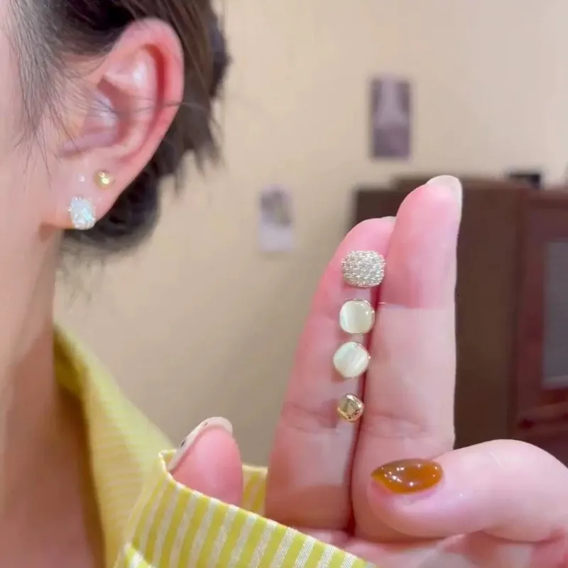2026 New 3 Pairs Gold Plated Stud Earrings Set for Women Cat Eye Stone Paved Zircon Minimalist Daily Office Jewelry Ears Gift