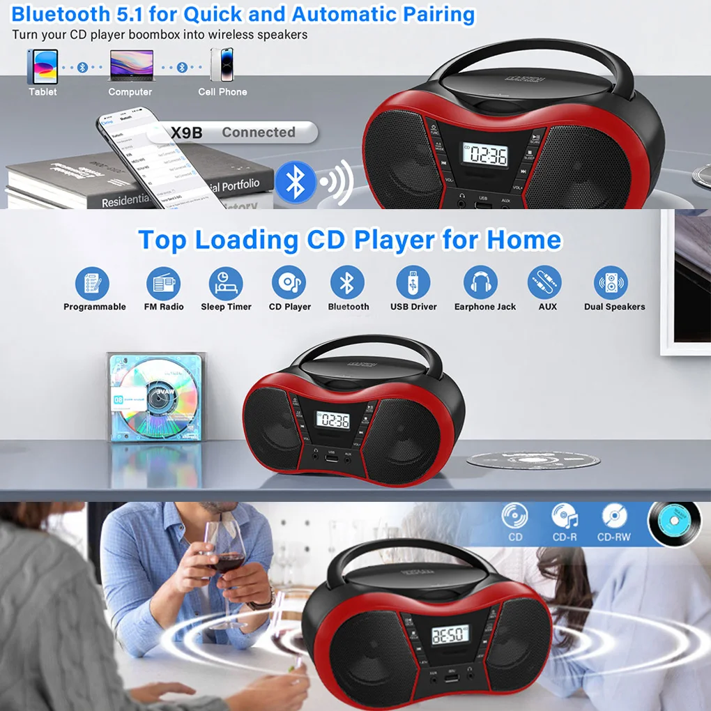 

Portable CD Player with FM Radio Bluetooth Boombox Cassette AM Radio Stereo Player For CD/CD-R/RW Radio US/EU Plug CD Player