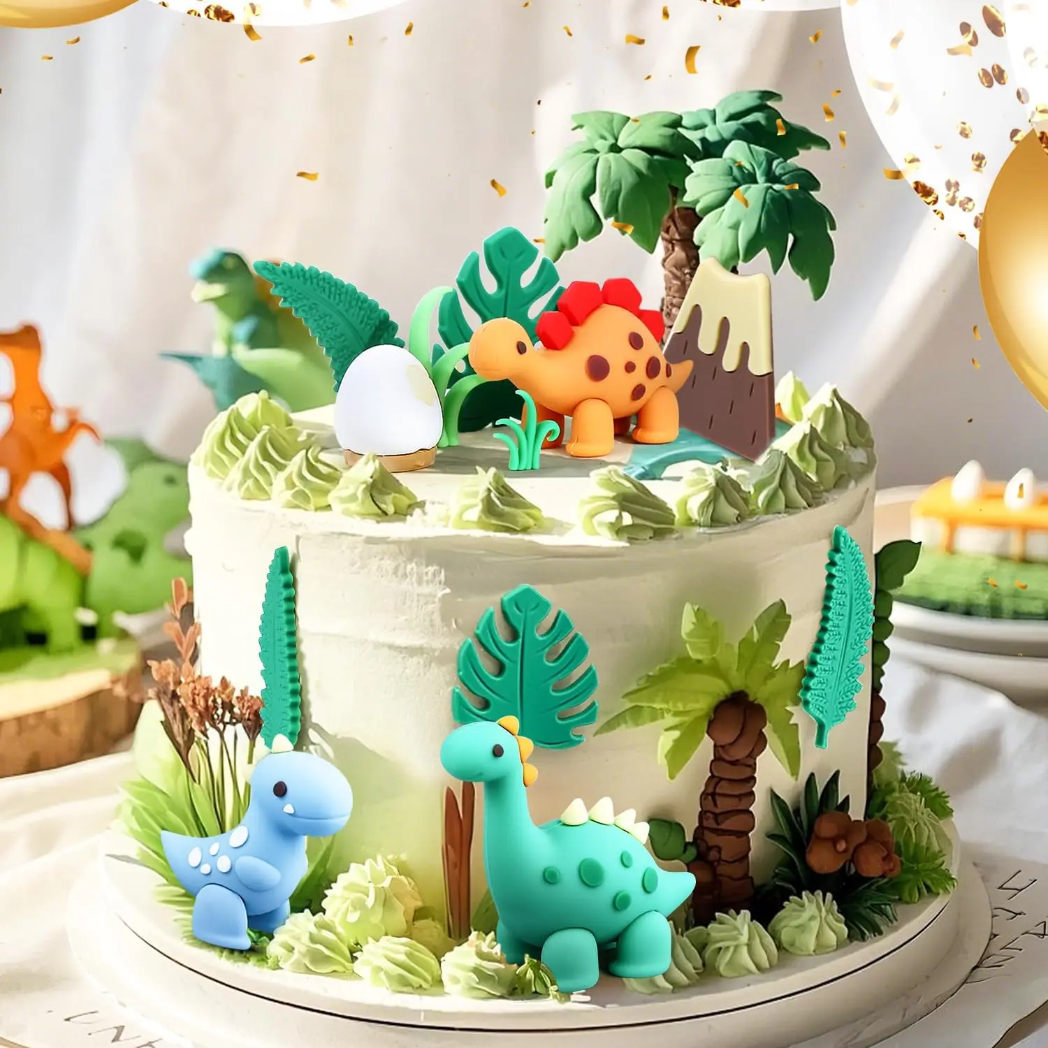 15 Stück Cartoon-Dinosaurier-Kuchenaufsätze, niedliche Dino-Ei-Blätter, Gras, Vulkan-Kuchendekorationen für Kindergeburtstag, Babyparty, Dinosaurier – Detail 3