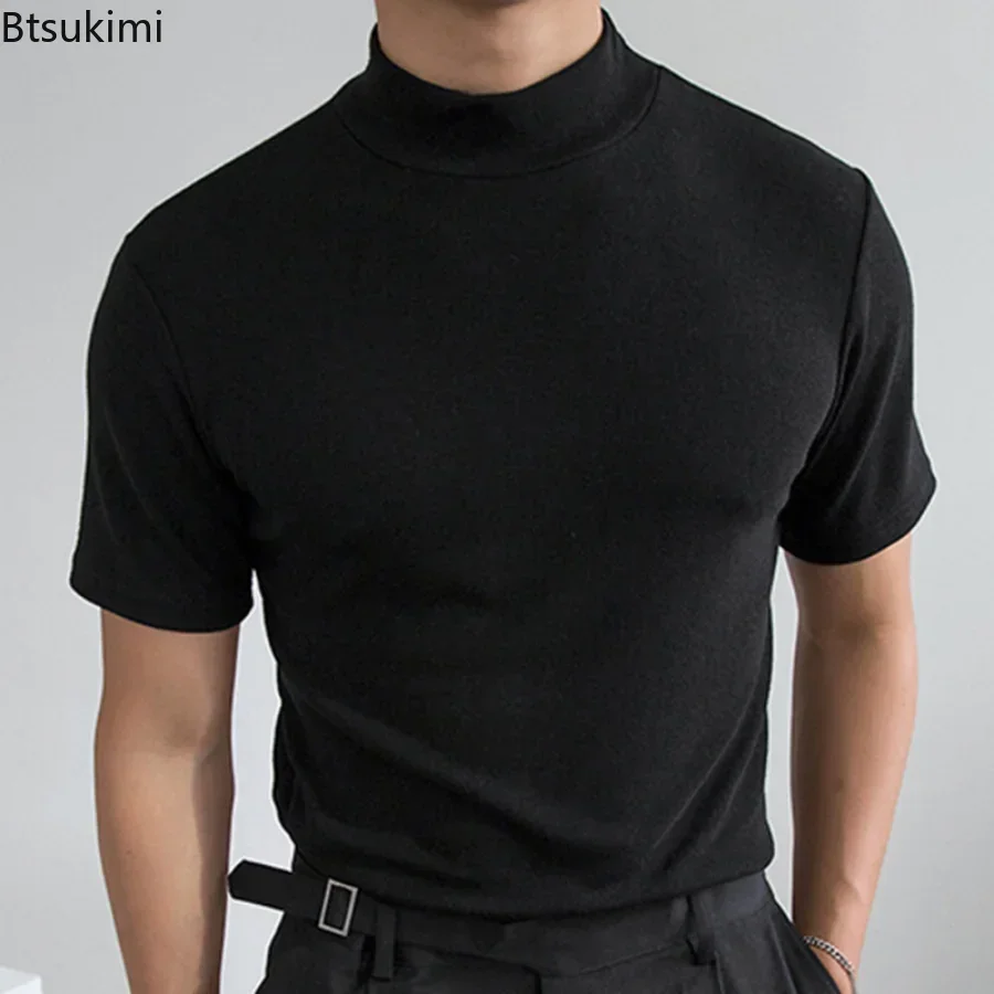 2024 Men\'s Summer Casual Tight T-shirt Solid Fashion Streetwear High-neck Short Sleeved Bottoming Shirt Male Oversized T Shirt