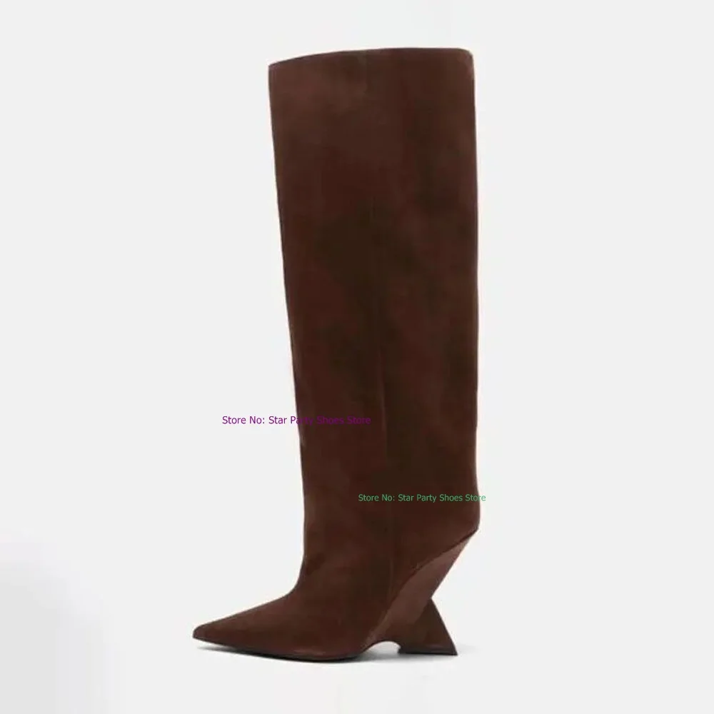 Attractive Strange Heel Women Spring Autumn Pointed Toe Knee High Boots Female Slip On Black Brown Blue Long Boots Shoes