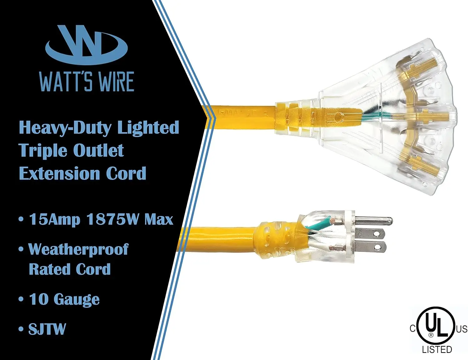 Lighted SJTW - Indoor/Outdoor Extension Cord by Watt's Wire - 100' 10-Gau