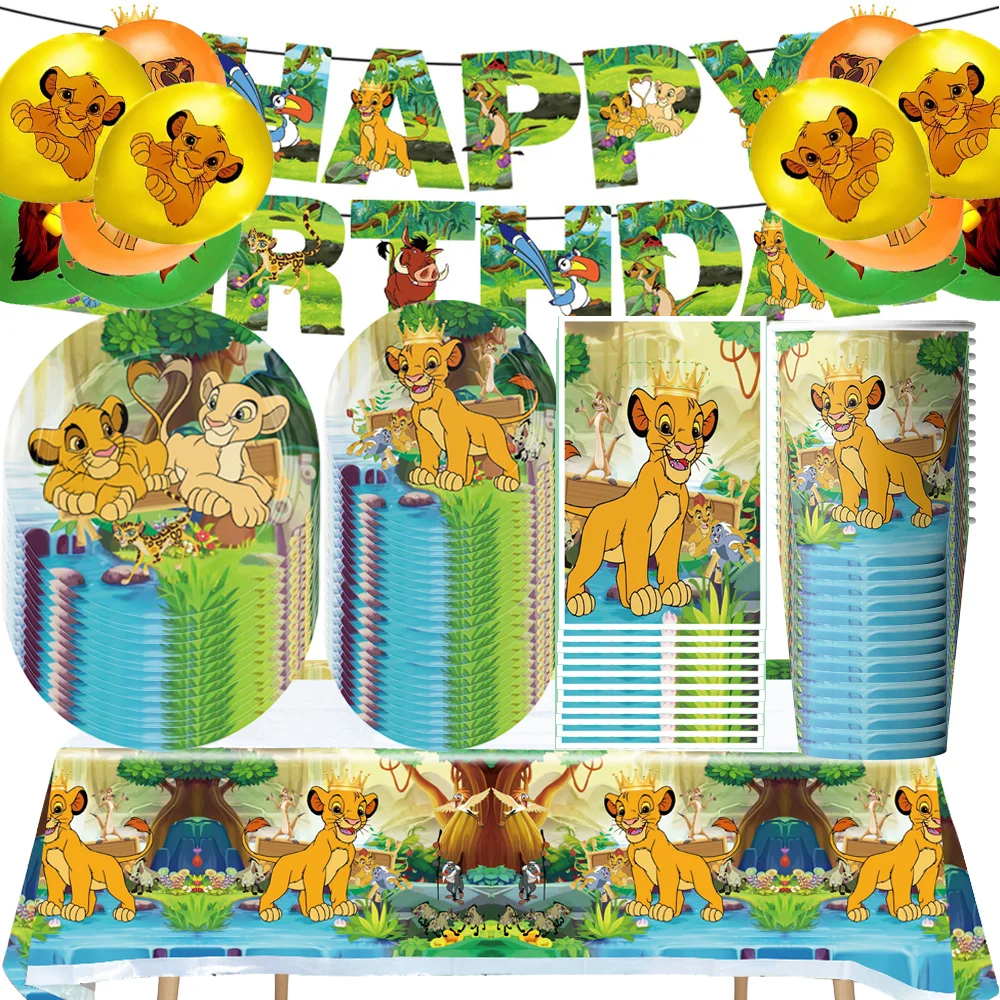 Lion King Simba Disposable Party Tableware Paper Plates Cups Napkins Tablecloth Boys Jungle Safari Birthday Party Decorations