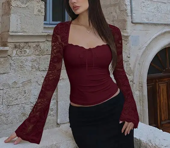 Top Women 2026 Spring New Solid Color Fashionable and Sexy Lace Splicing Perspective Square Collar Long Sleeve Versatile Top