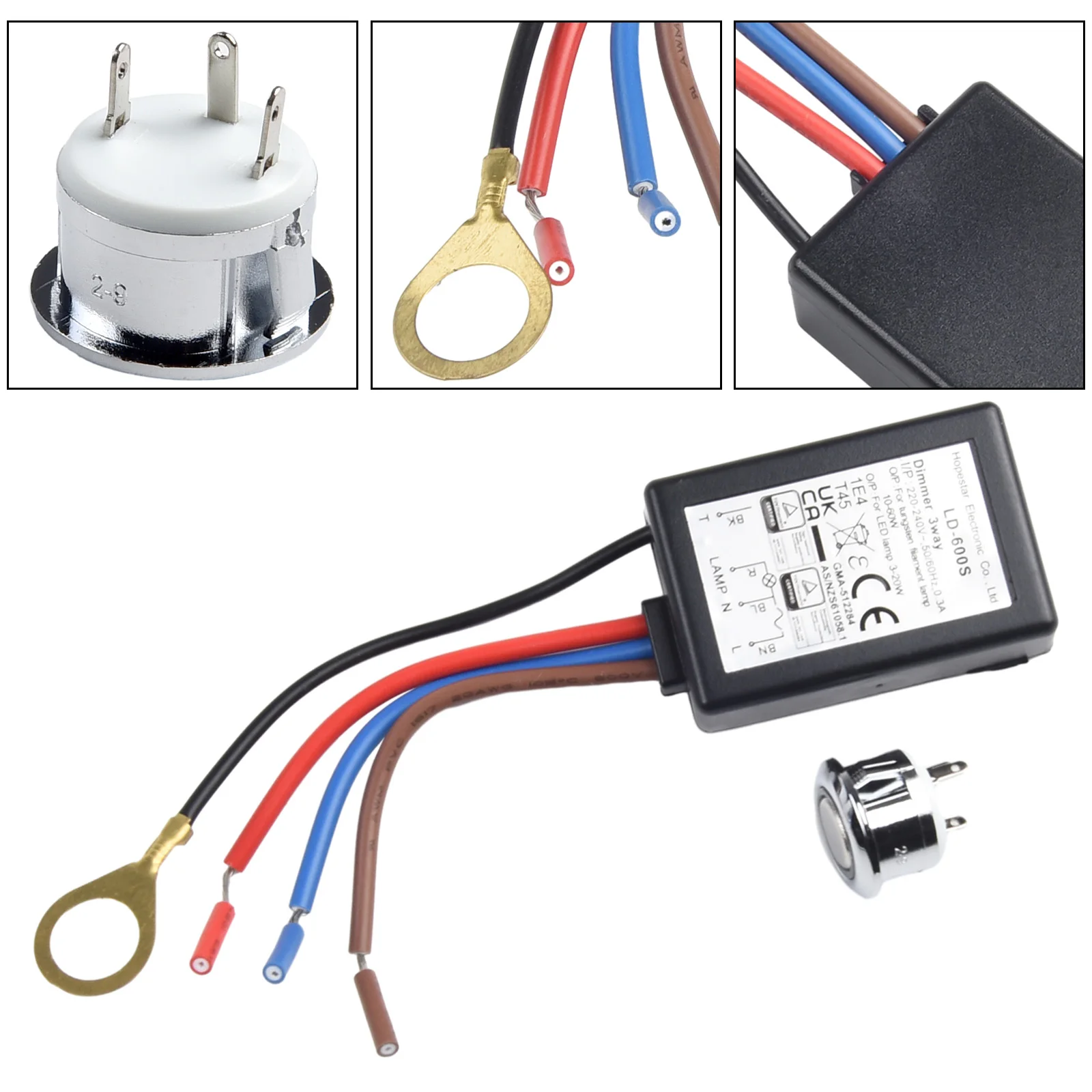 LD600S 3 way Touch Dimming Switch, EU Type, Supports Incandescent and LED Bulbs, TUV/EMC/CE/SAA Approved, Black Color