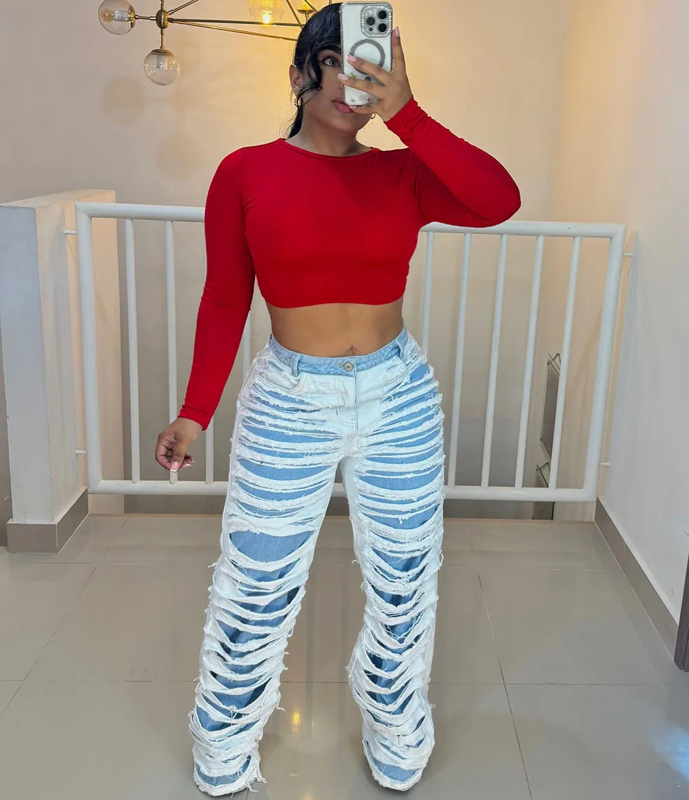 

Ripped Denim Hollow Out Pants High Waist Jeans Fashion Y2K Streetwear 2025 Women Winter Clothes Trousers Denim Baggy Pants