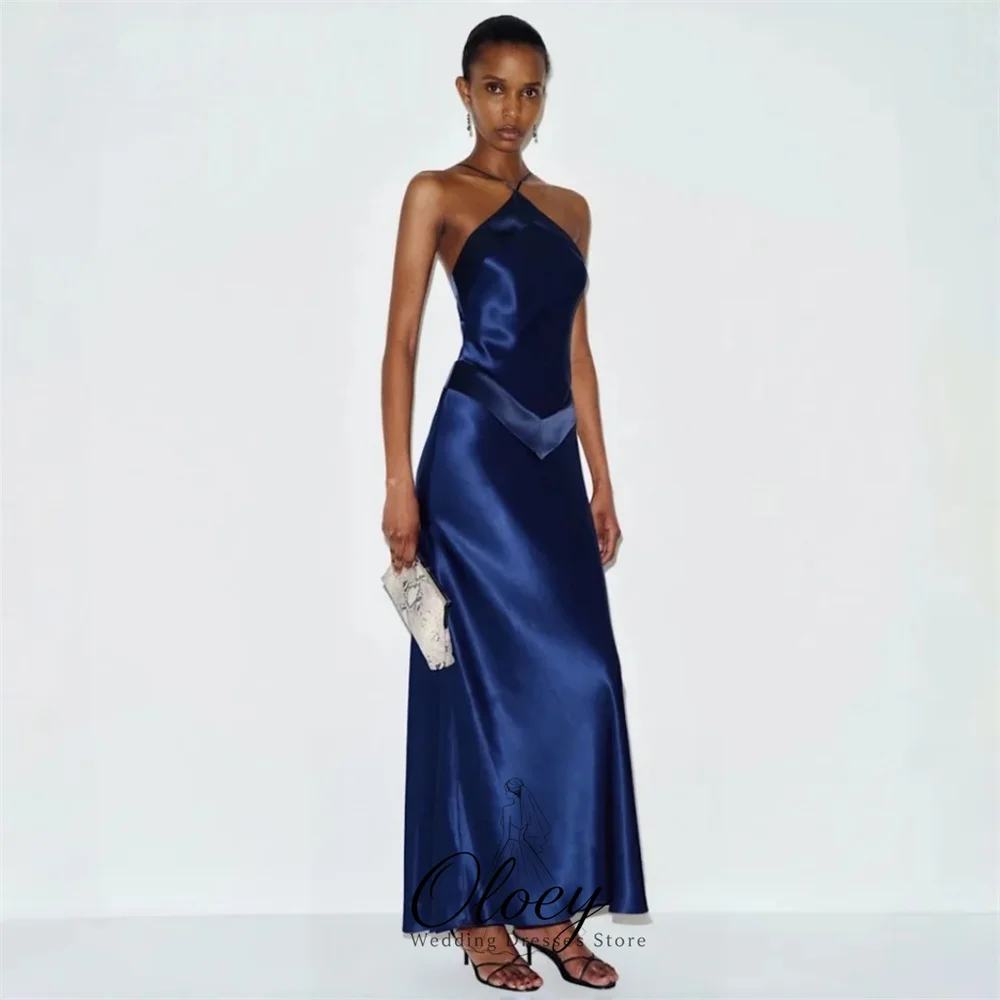 OLOEY Charming Navy Blue Halter Satin Evening Gown Dress Sleeveless A-Line Ankle-length Customized Party Dress Prom Gown