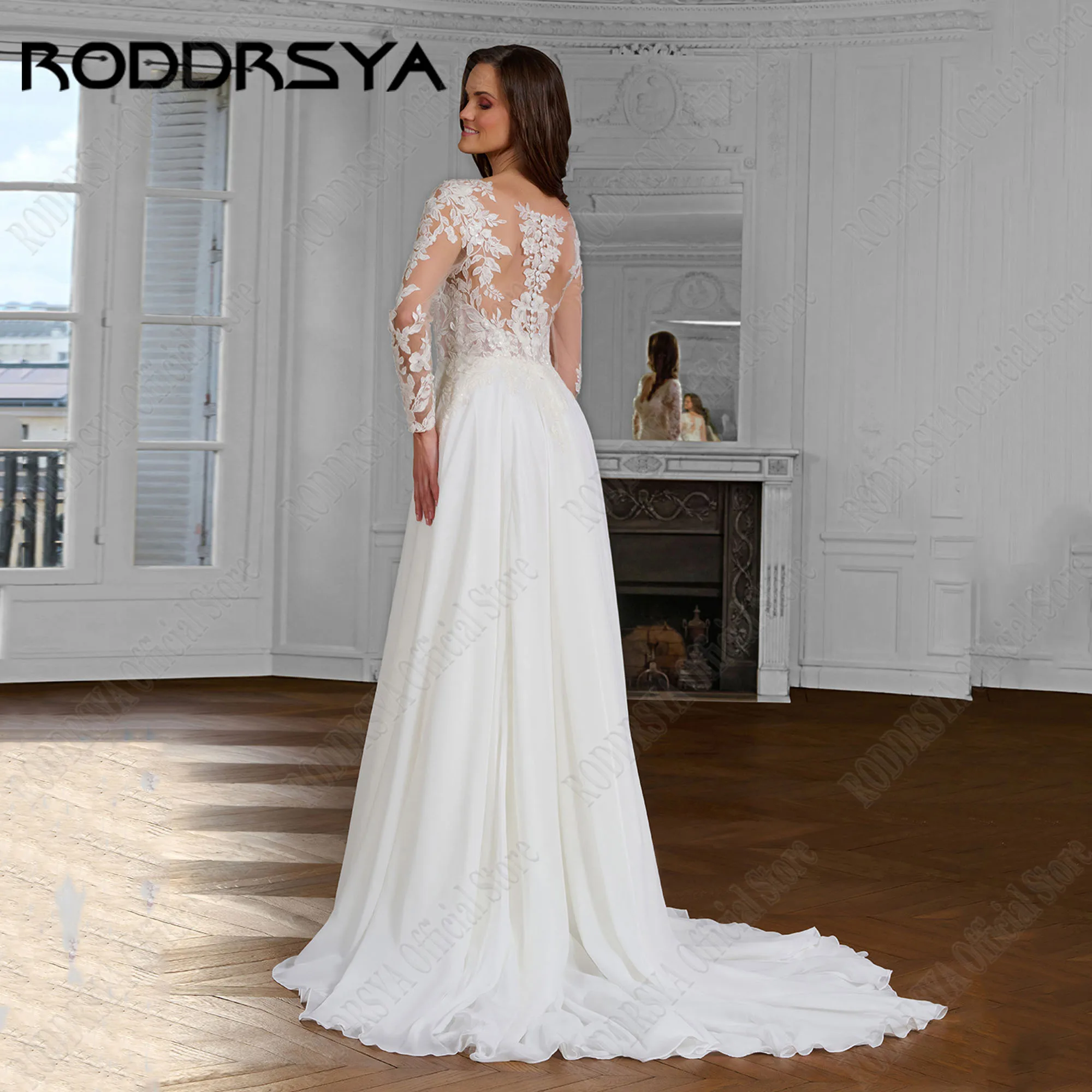 RODDRSYA-vestidos de novia de gasa para novia, apliques de ilusión en la espalda, vestido de novia bohemio de manga larga, vestido de novia personalizado, 2025Vestido de novia de chifón roddsya 2025 calcomanía de novia