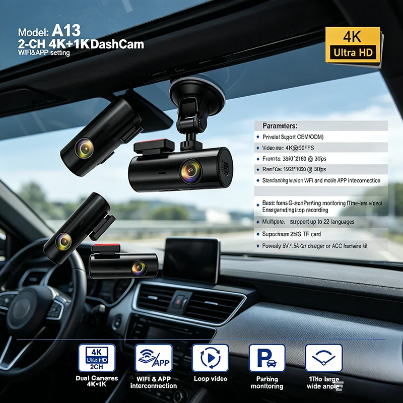 A13 Dual-Channel 4K Car Dash Cam 1080P Rear Recording WiFi Connectivity Emergency Video Recording Vehicle Surveillance