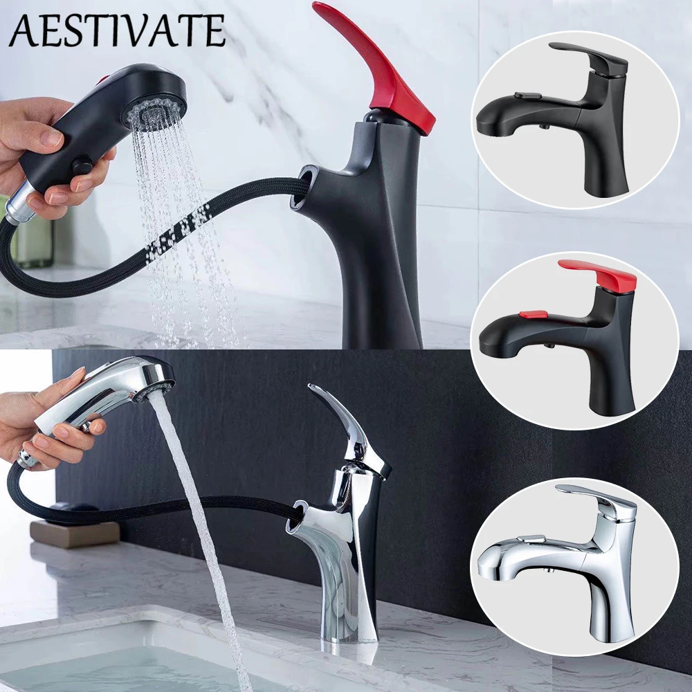 

Black Red Basin Faucet Bathroom Pull Out Brass Mixer Tap Hot & Cold Water Bathroom Faucet Dual Modes Nozzle Chrome