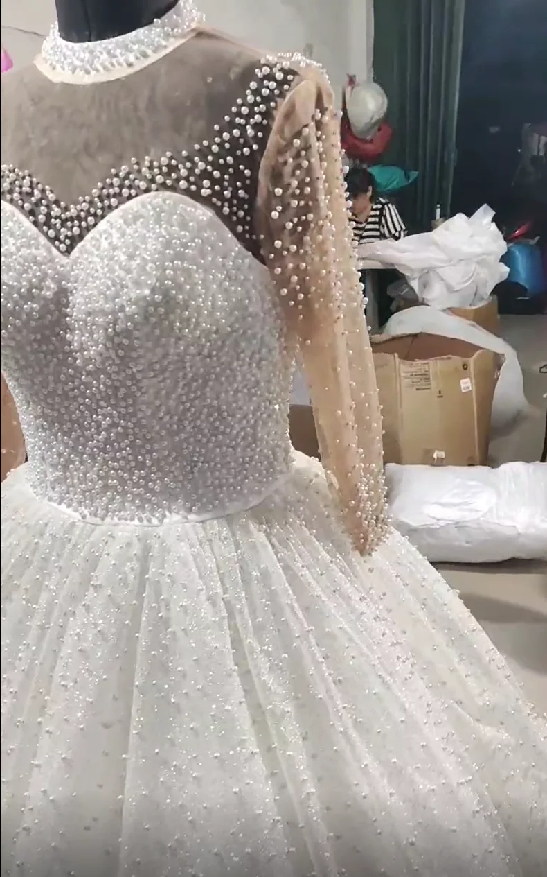 Customized Luxury Long Sleeves High Neck Pearls Beaded Wedding Dresses Bling Bling Ball Gown Plus Size African Wedding Dress 202