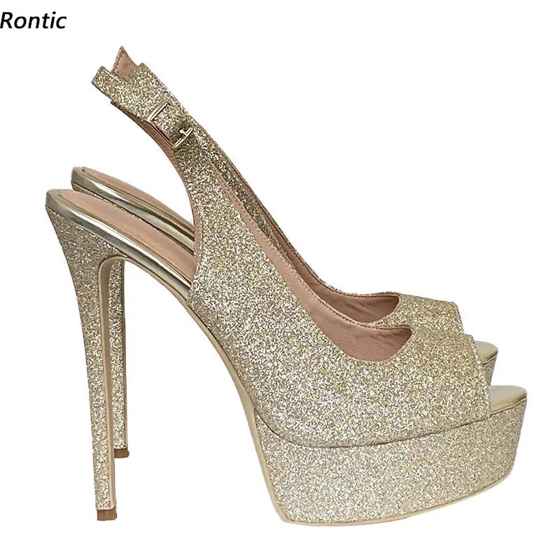 

Rontic 2022 Handmade Women Glitter Sandals Sexy Stiletto Heels Peep Toe Gorgeous Gold Party Shoes Ladies US Size 5-20