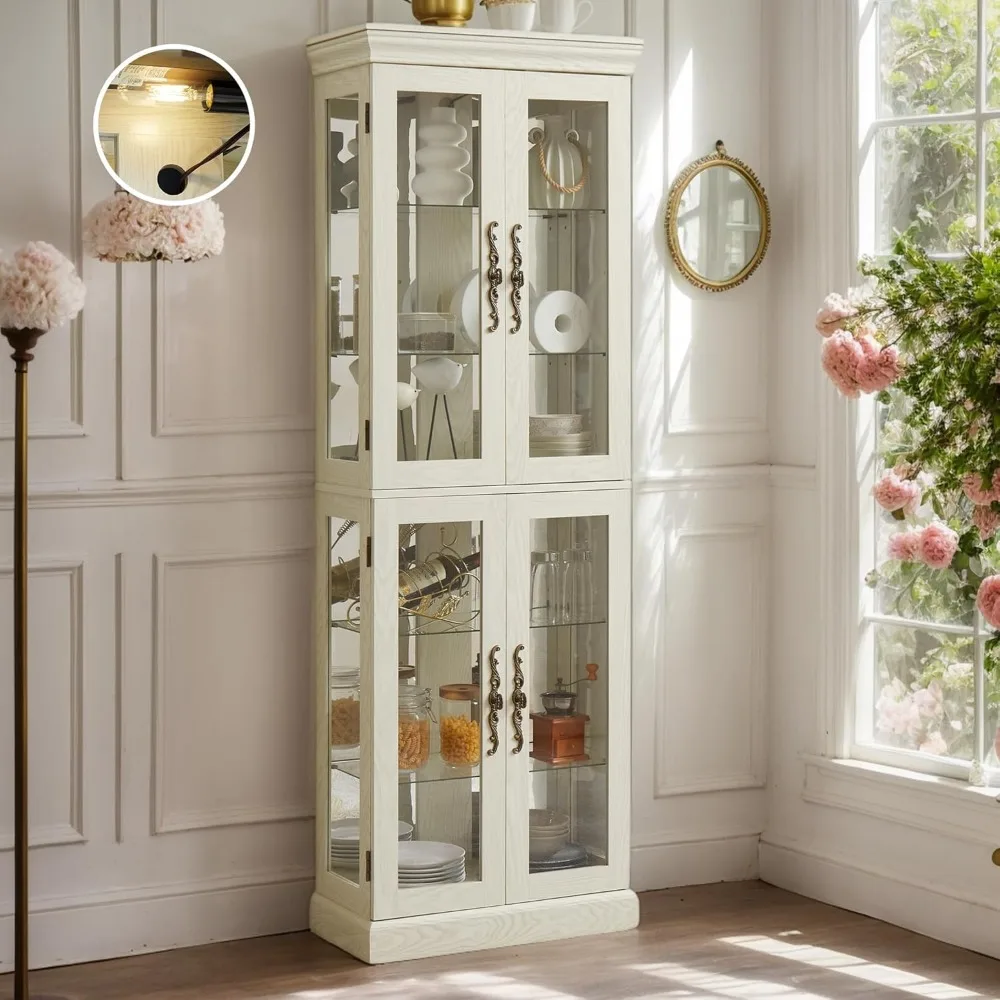 

71" Tall Vintage Glass Display Cabinet, 4 Tempered Doors, Adjustable Shelves, Bulb Included, Antique White Wood Bar Storage