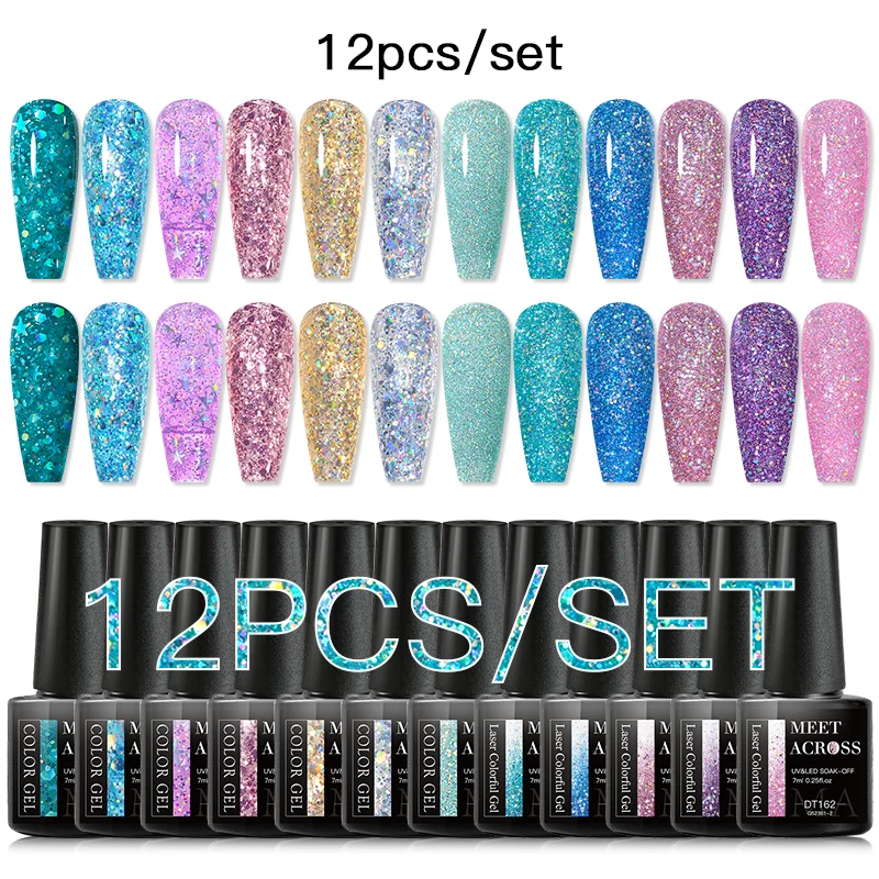 

MEET ACROSS 8/12PCS Glitter Gel Nail Polish Set Sparkly Sequins Summer Semi Permanent UV LED Nail Art Gel Soak Off Varnishes Kit