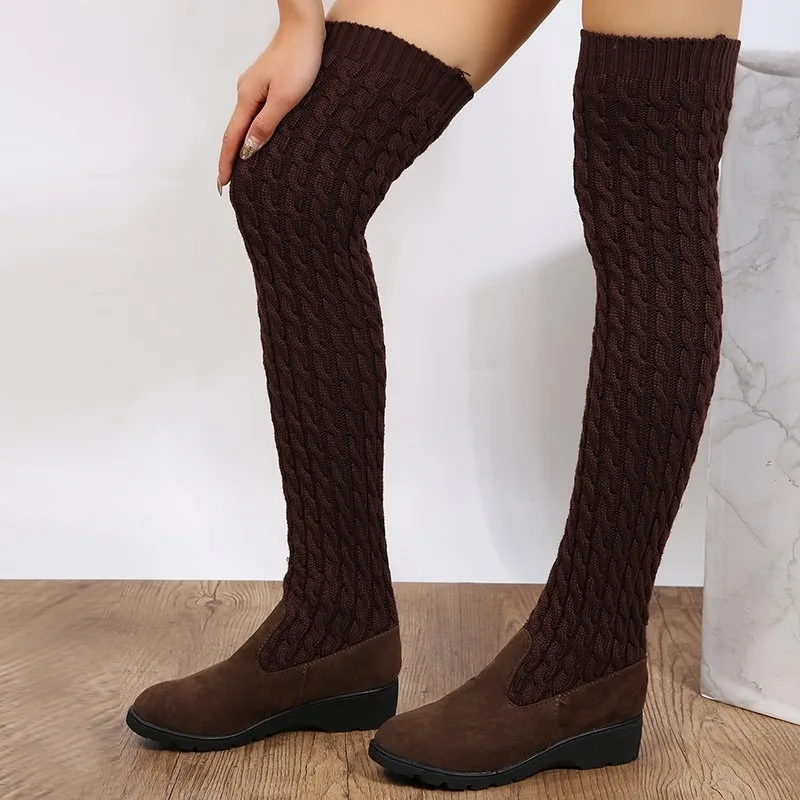 New 2024 Autumn and Winter New Fashion Knitted Wool High Socks Boots for Women Flat Over The Knee Long Elastic Skinny Boots