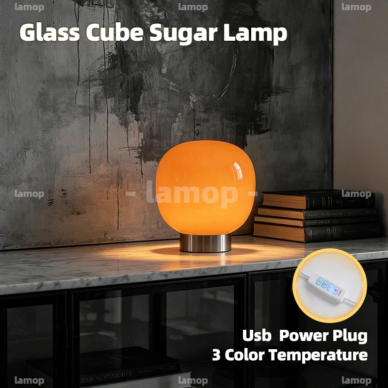 Glass Round‑Sugar‑Ball Shade Table Lamp Scholarly‑Simple 3 Tone Gentle Halo Dorm Shelf Decor