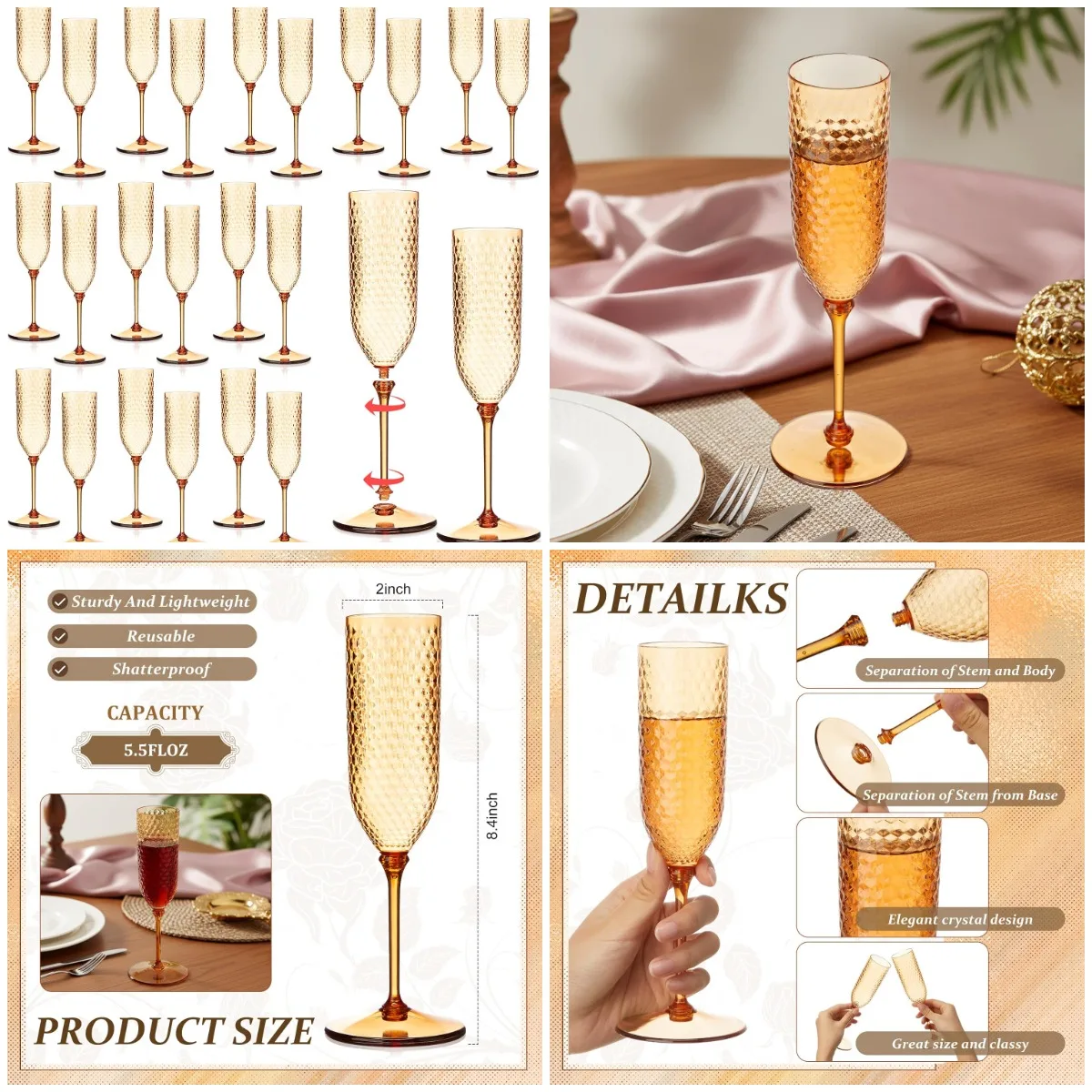 

24-Pack Detachable Plastic Champagne Flutes, 5.5 oz Reusable Unbreakable Wedding Toasting Glasses for Parties