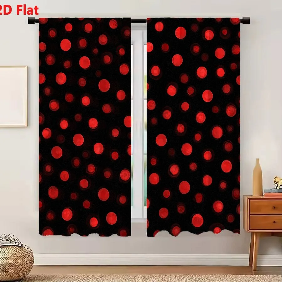 2Pcs Curtains 2D Flat Red Glowing Circles On Black Background Abstract Pattern Window Drapes for Bedroom Room Decor Decoration W