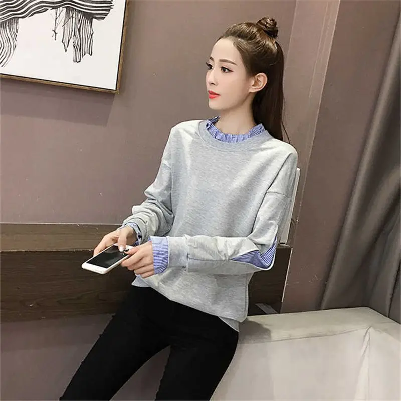Sweatshirts Women'S Kawaii Light Beautiful Moletom Corduroy Temperament Splice Relaxed Liner Styles Korean-Style O-Collar Adult