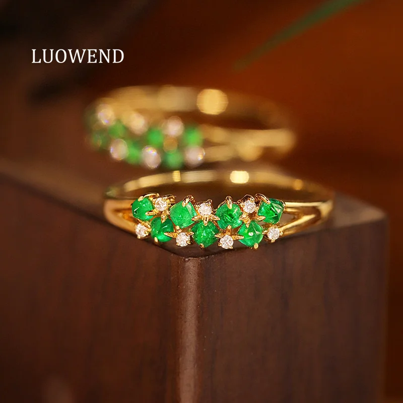 LUOWEND 100% 18K Yellow Gold Rings Romantic Shiny Design Luxury Diamond Natural Swat Emerald Ring for Women High Wedding Jewelry