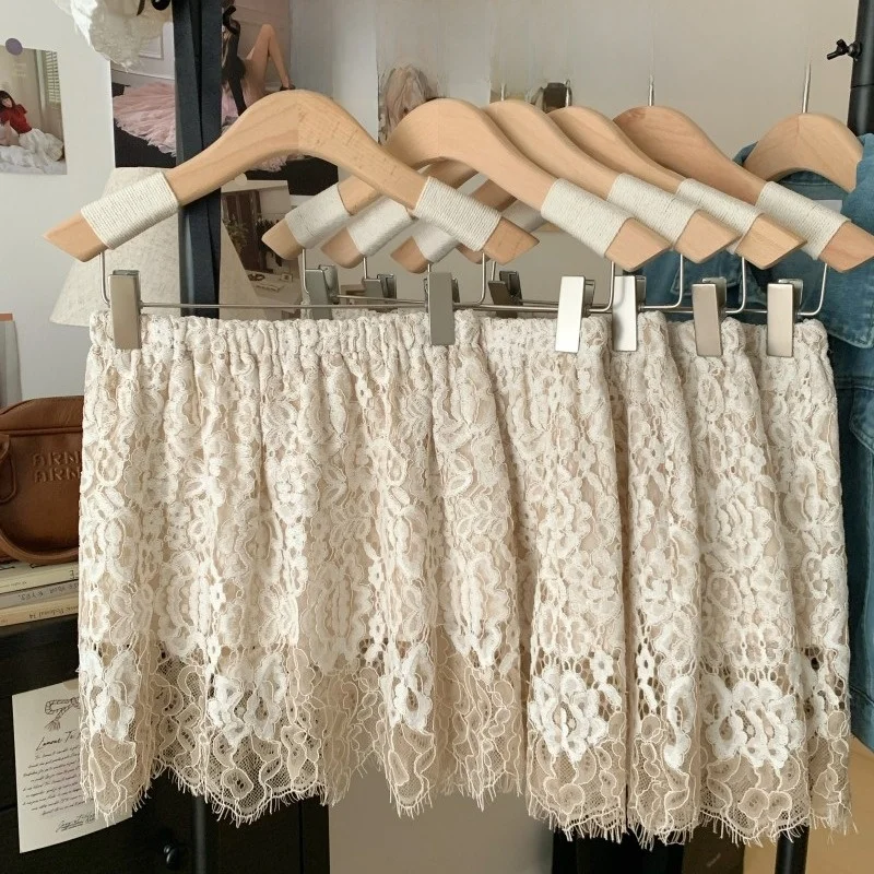 

Korean Sle Layered Lace Skirt Elastic Waist Me f Skirt Butt Curtain Fake Hem ort Skirt Summer 2025 Casual A-Line Skirt