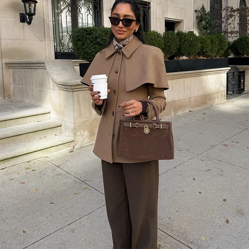 

Elegant Chic Shawl Woolen Jacket For Women Long Sleeve Single Breasted Lapel Cape Coat 2025 New Lady Autumn Winter Outwears