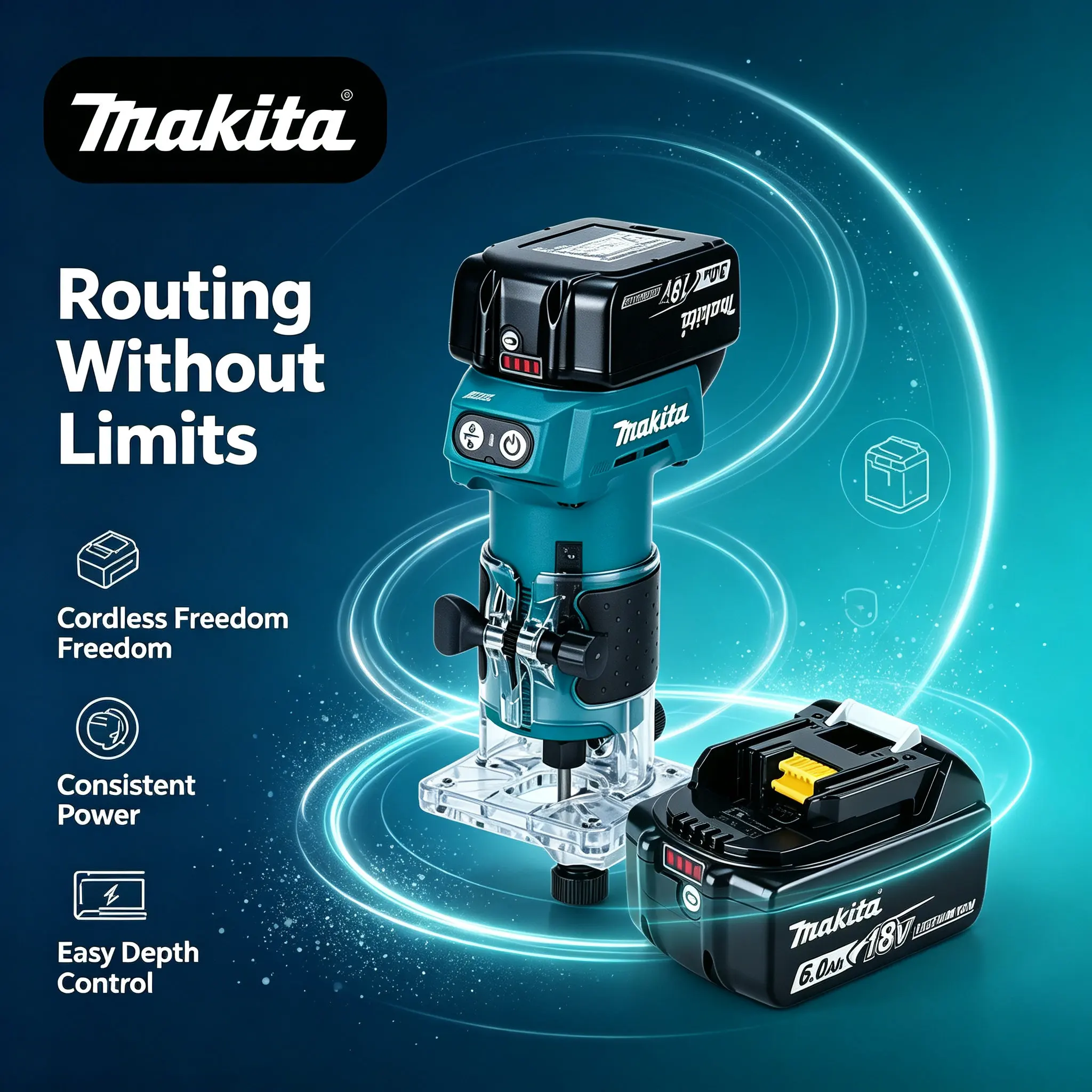 Vielseitig einsetzbarer Makita DRT52 18V LXT Akku-Kompaktfräser, hochpräzises batteriebetriebenes Holzbearbeitungswerkzeug für Kantenbearbeitung, Nutenfräsen, Schlitzprofilierung, Werkstattfertigung