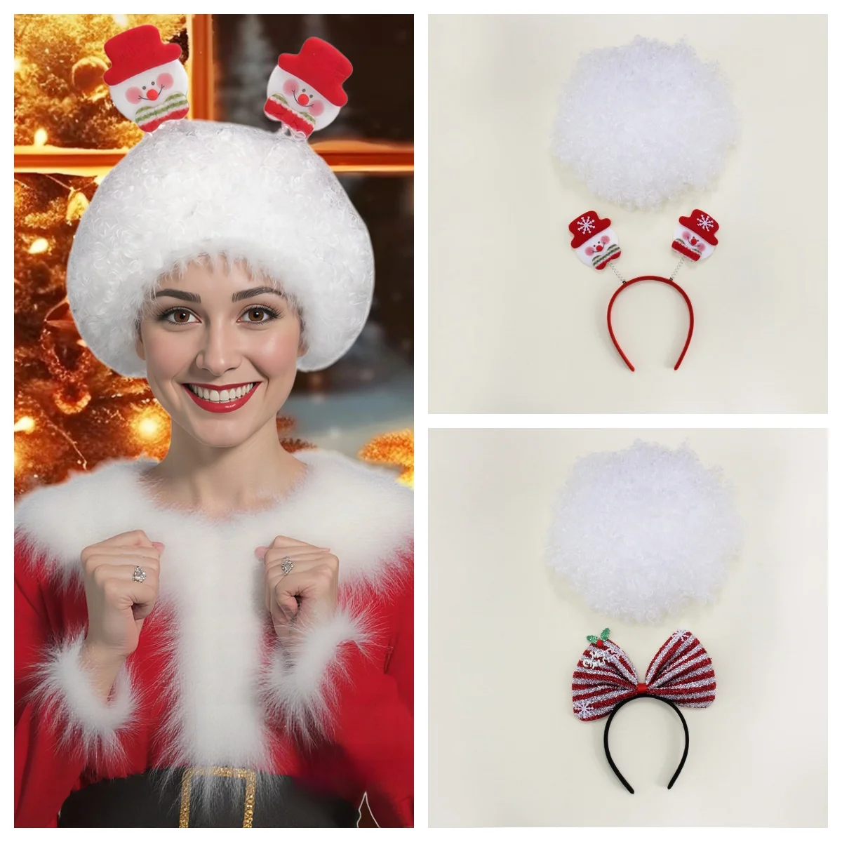 

Комплект рождественских париков: белый объемный афро-парик с рождественской повязкой на голову и рождественскими праздничными аксессуарами для волос