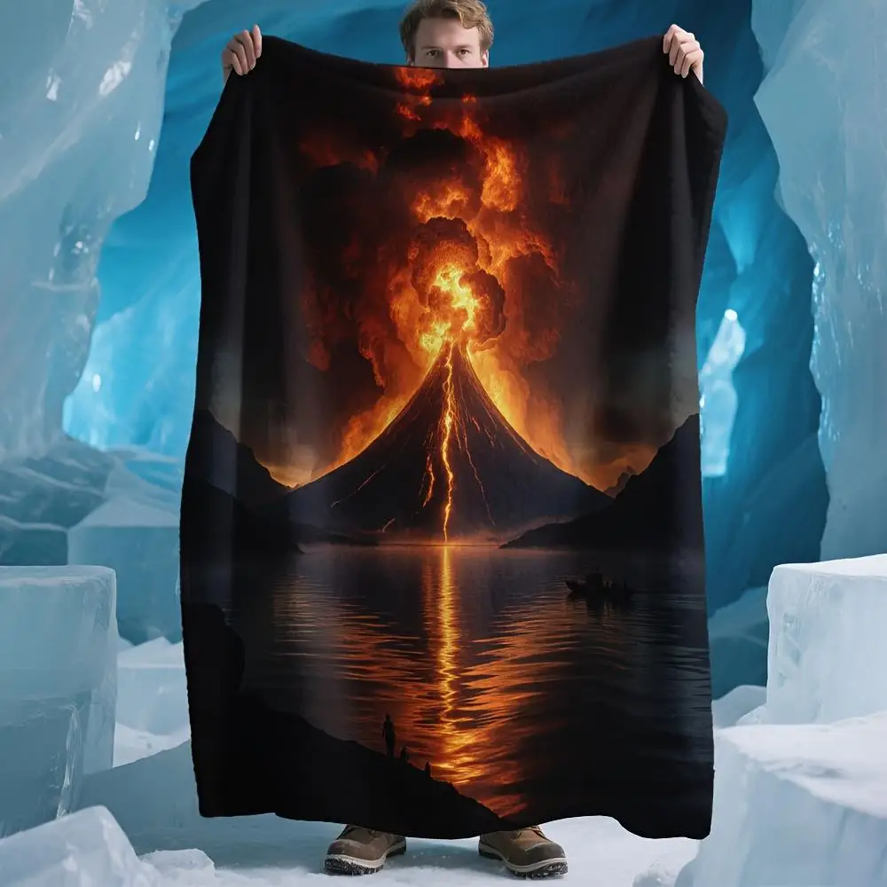 Fiery Volcano Landscape Pattern Flannel Blanket Warm Cozy Printed Throw Blanket for Living Room Bedroom Travel
