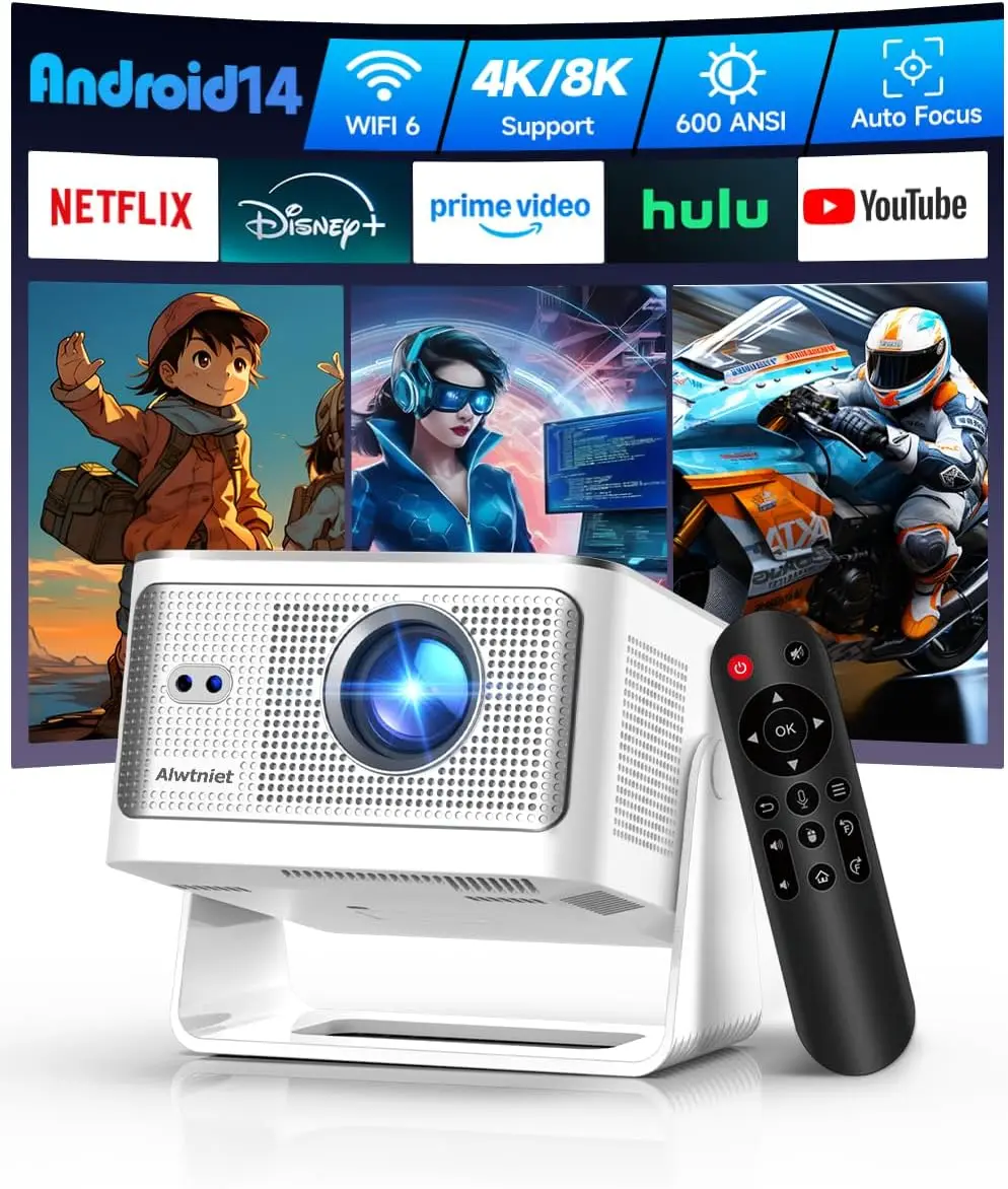 

Android 14 Smart Projector with 4K/8K Support, WiFi Bluetooth, Auto Focus, 600 ANSI for Home Outdoor Movies