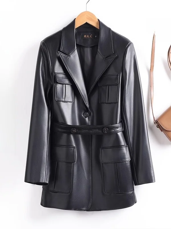 海寧本革コート レディース ミドル丈 2025年春新作 エイプスキン ウィンドブレーカー ウエストシェイプ レトロレザージャケット