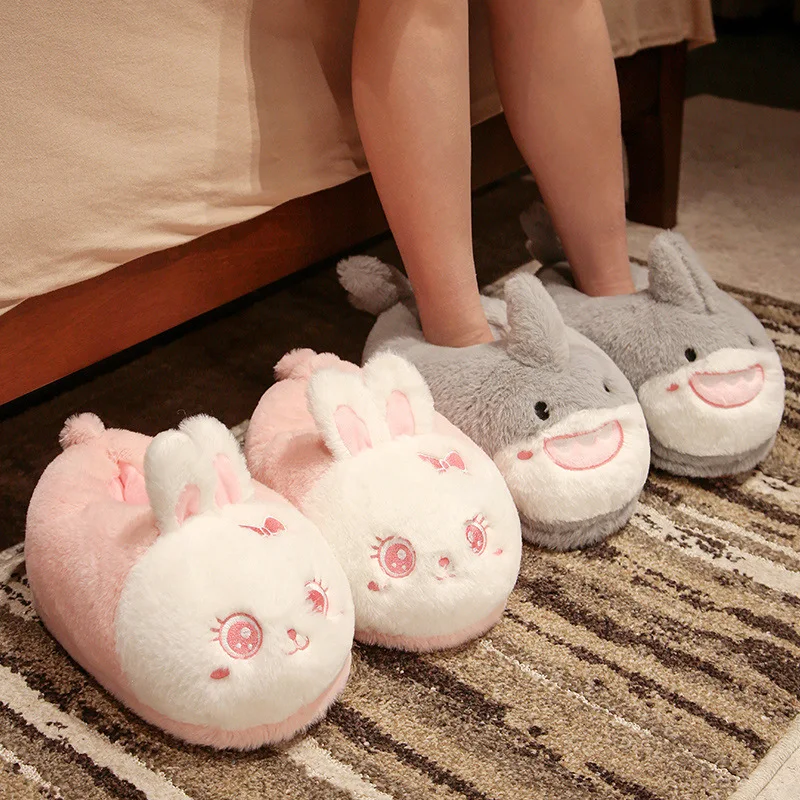 4 Style Anime Plush Slippers Indoor Warm Winter Fullcovered Cartoon Bunny Rabbit Shark Bee Duck Shoes Home Women Slipper