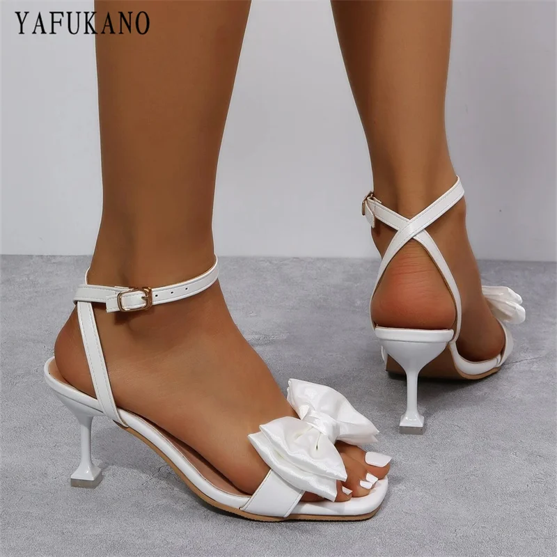 Bow Decor Pyramid Heeled Ankle Strap Sandals White Square Toe Party Wedding Shoes Open Toe High Heels Plus Size 44 45