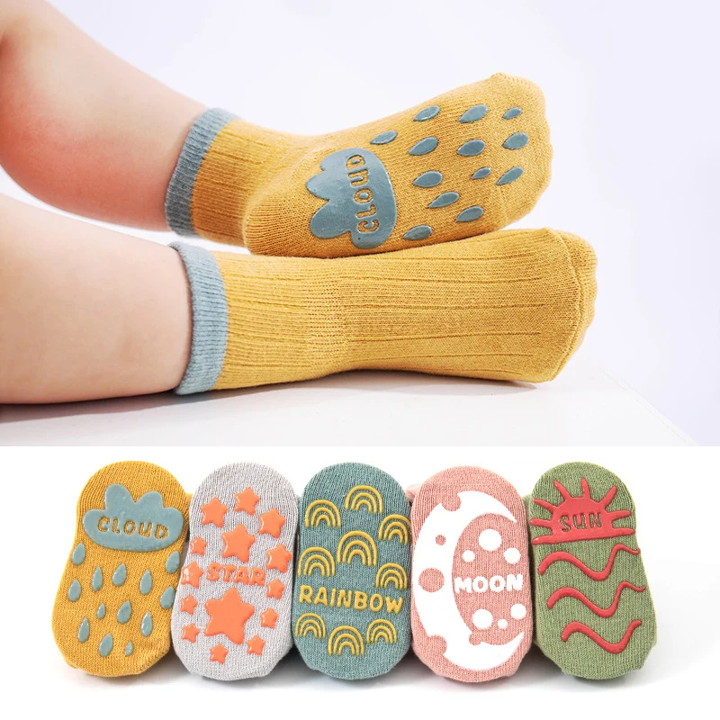 5pairs Casual Cute Knit Floor Socks, Soft Comfortable Breathable Cotton Socks For Toddler Walking Baby Boys And Girls