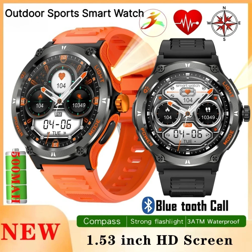 Sports Outdoor Men Women Smart Watches SOS Seek Help Mode Compass Blue Tooth Call 3ATM Waterproof Strong Flashlight Smartwatch