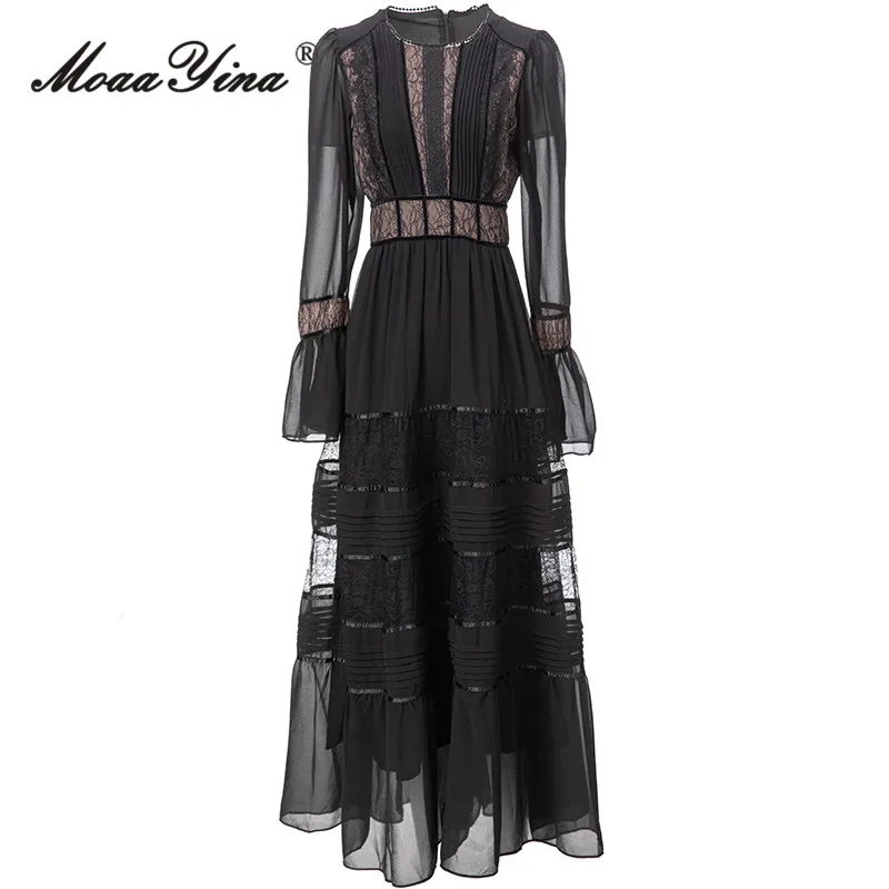 

MoaaYina Autumn Fashion Designer Black Vintage Spliced Dress Women's Flare Sleeve Lace Ruched High Waist Slim A-LINE Long Dress