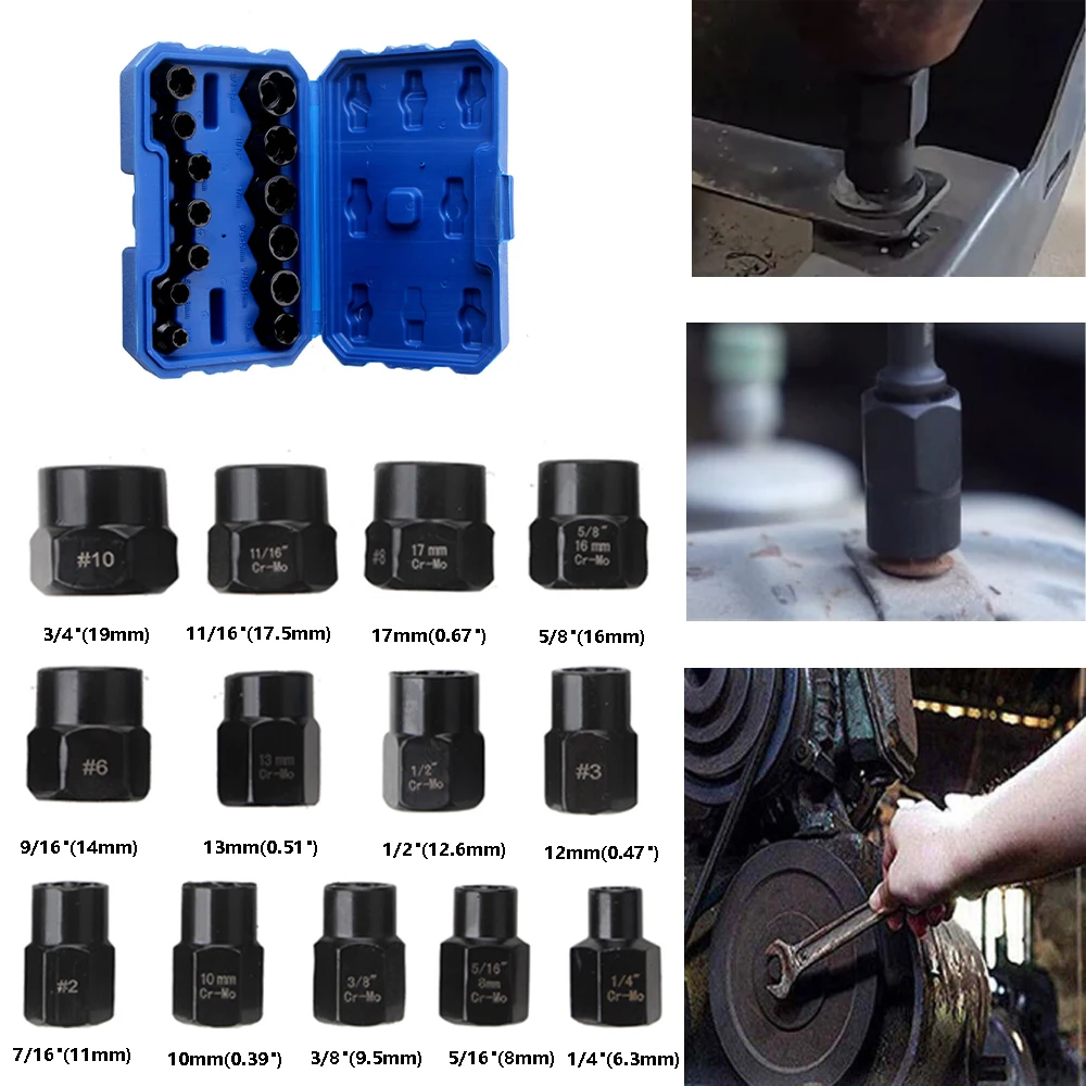 

13 PCS Nut Extractor Socket Impact Bolt Nut Damaged Screw Remover Tool Set Socket Wrench Kit 6.35 -19m Box Car Accessories